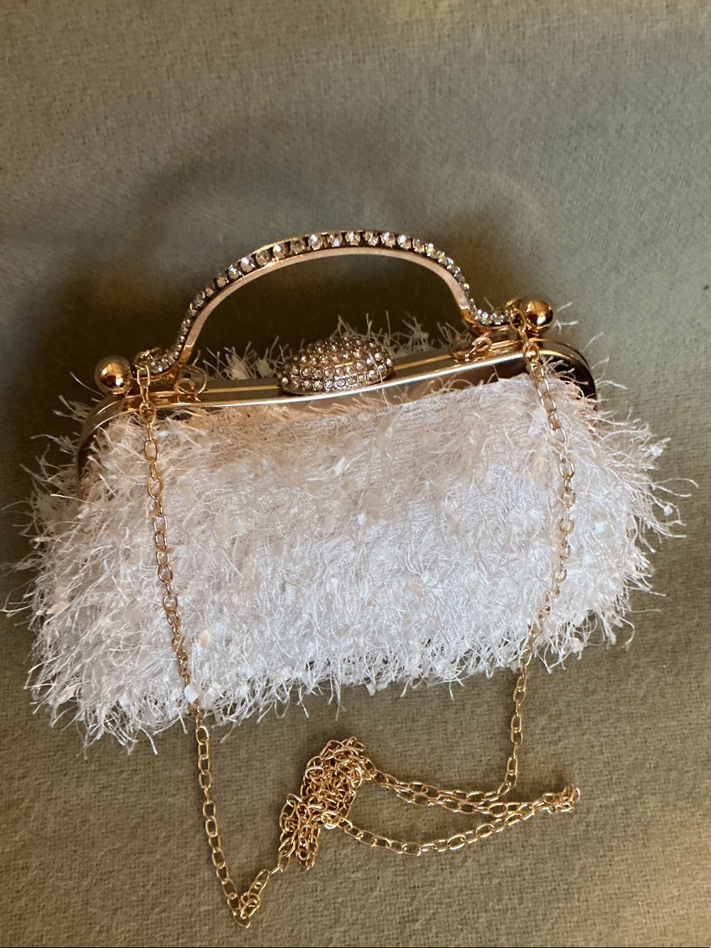 Vintage White Feather Clutch with Gold Crystal Frame